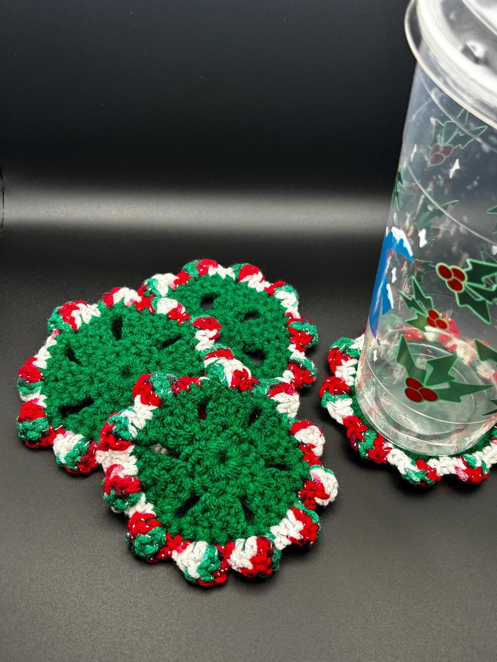 Set of Handmade Christmas Coasters, Green with Red Accents Holiday Coasters